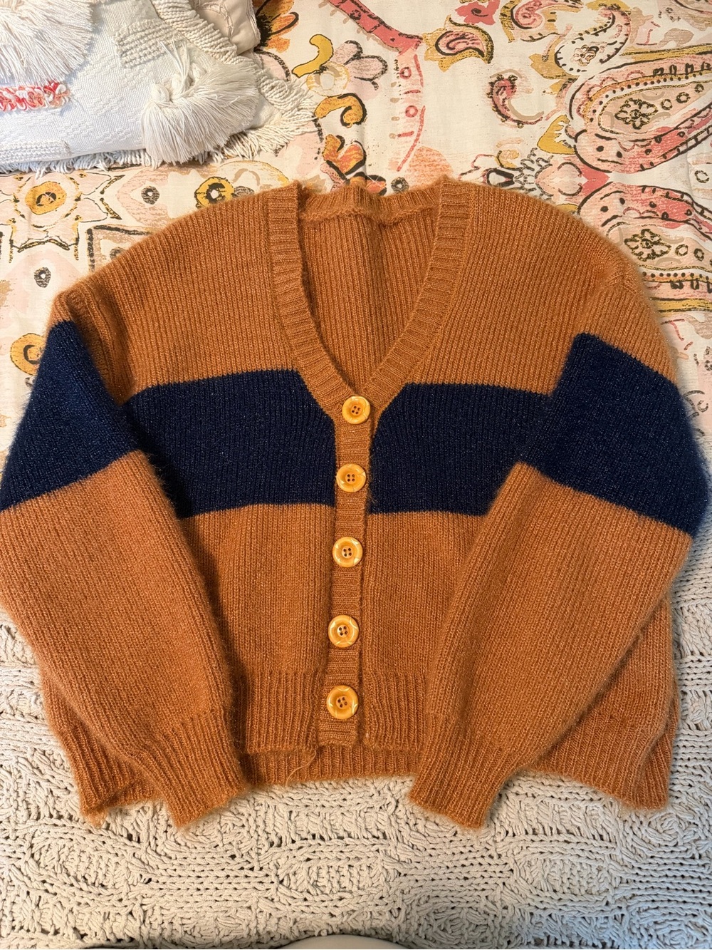 Cozy Rust & Navy Button-Front V-Neck Cardigan Sweater